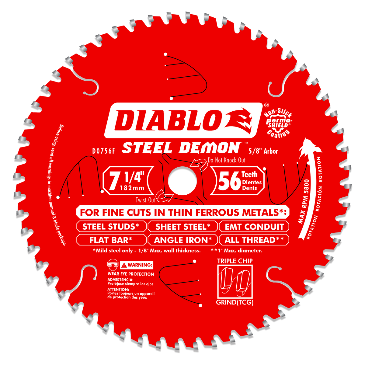 D0756F 7-1/4" x 56-Teeth Steel Demon™ Carbide Saw Blade for Thin Metal