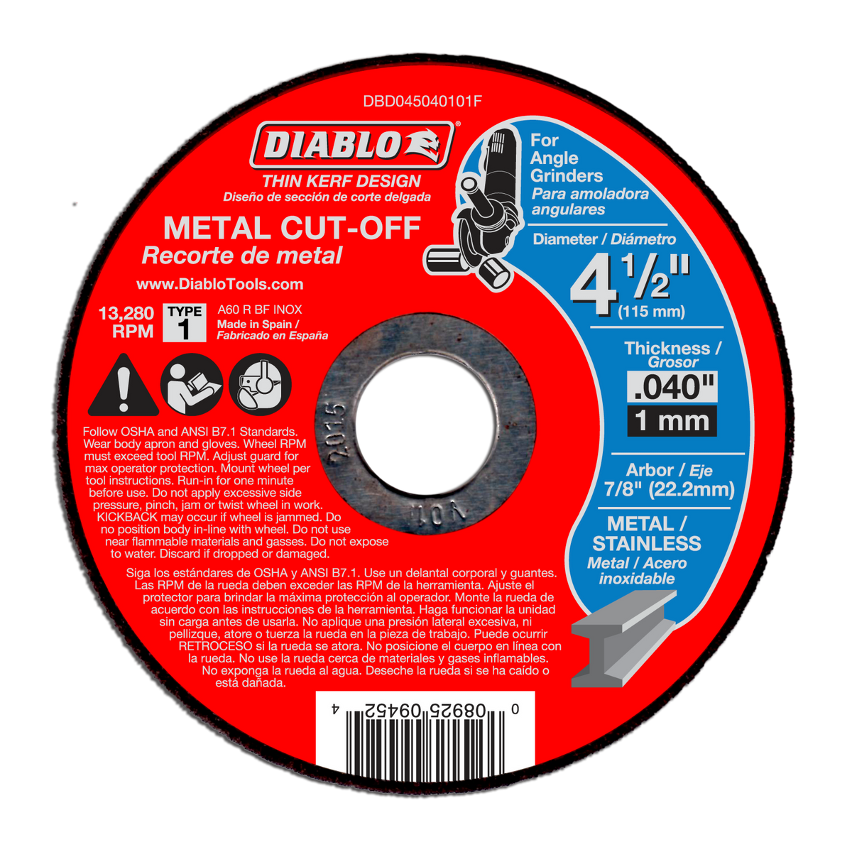 DBD045040101F 4-1/2" Metal Cut-Off Disc A/O