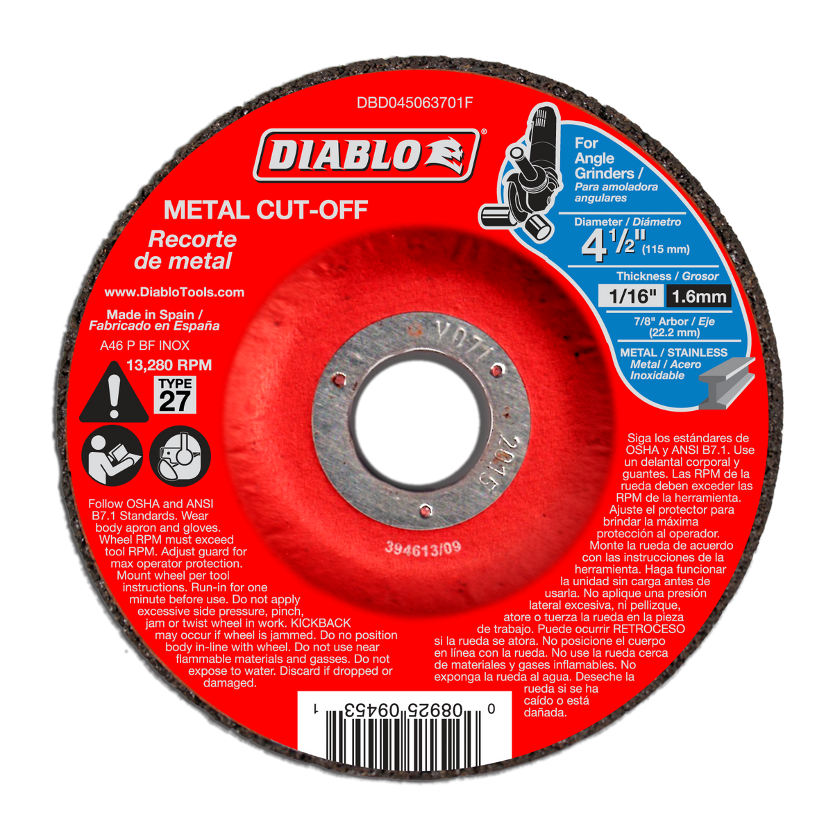 DBD045063701F 4-1/2" Type 27 Metal Cut-Off Disc